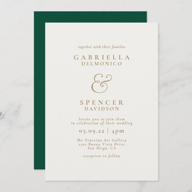 Modern Elegant Emerald Green Gold Wedding Invitati Invitation (Front/Back)