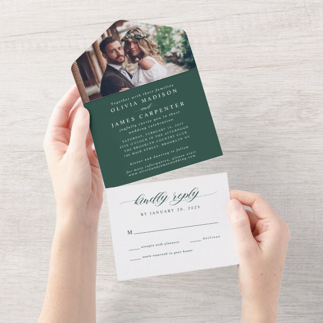 Modern Elegant Emerald Green Photo RSVP Wedding All In One Invitation (Tearaway)
