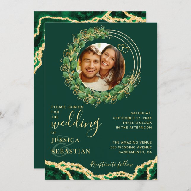 Modern Elegant Eucalyptus Agate Emerald Wedding Invitation (Front/Back)