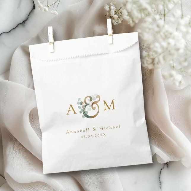 Modern Elegant Eucalyptus Ampersand Wedding Favour Bag (Modern, elegant eucalyptus ampersand wedding favor bag with your names and date.)