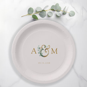 Modern, elegant eucalyptus ampersand wedding paper plate
