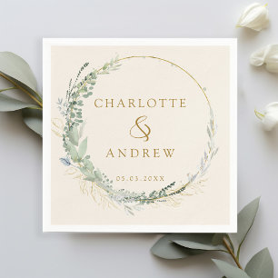 Modern, elegant, eucalyptus, beige wedding napkin