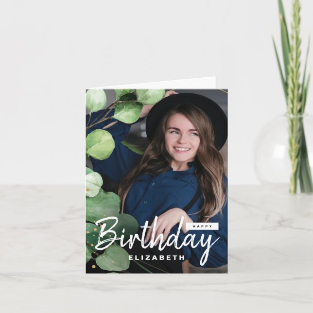 Modern Elegant Eucalyptus birthday greeting photo Card (Front)