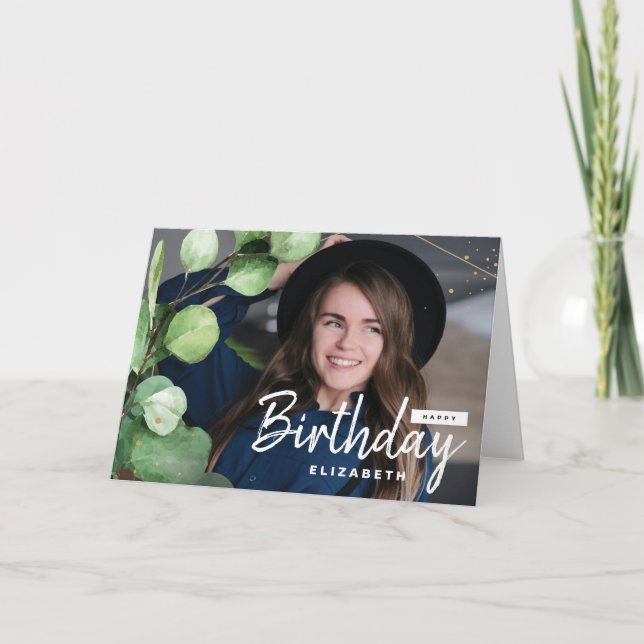 Modern Elegant Eucalyptus birthday greeting photo Card (Front)