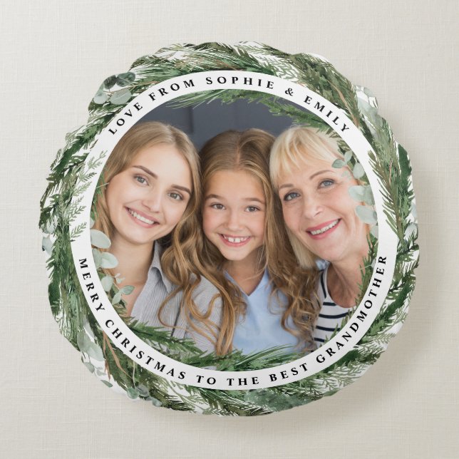 modern elegant eucalyptus Christmas photo family Round Cushion (Front)