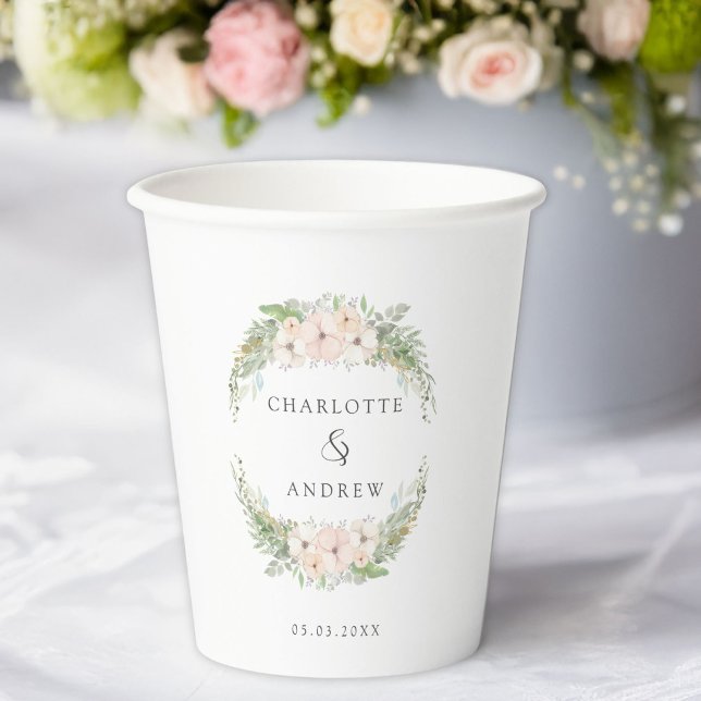 Modern, elegant eucalyptus flower wedding   paper cups (Modern, elegant eucalyptus flower wedding paper cups with your name and date.)