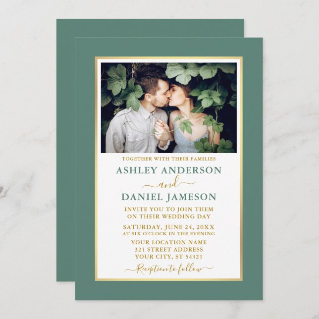 Modern Elegant Eucalyptus Green Gold Wedding Invitation (Front/Back)
