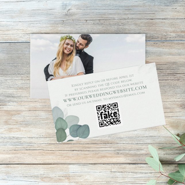 Modern Elegant Eucalyptus Greenery Photo RSVP  Business Card (Creator Uploaded)