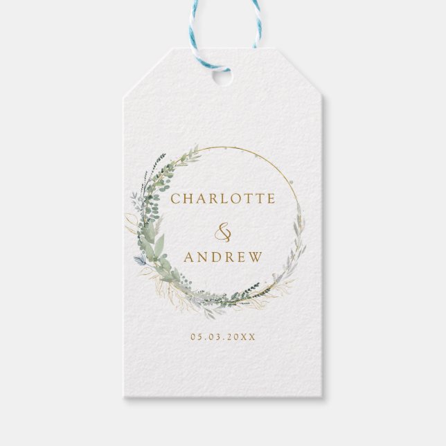 Modern, elegant eucalyptus wedding gift tags (Front)