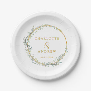 Modern, elegant eucalyptus wedding paper plate