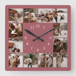 Modern Elegant Family 12 Photo Collage Keepsake Square Wall Clock