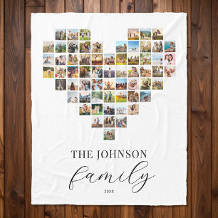 Modern Elegant Family Heart Shaped Photo Collage Fleece Blanket