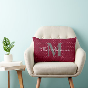 Modern Elegant Family Name Monogram Dots Burgundy Lumbar Cushion