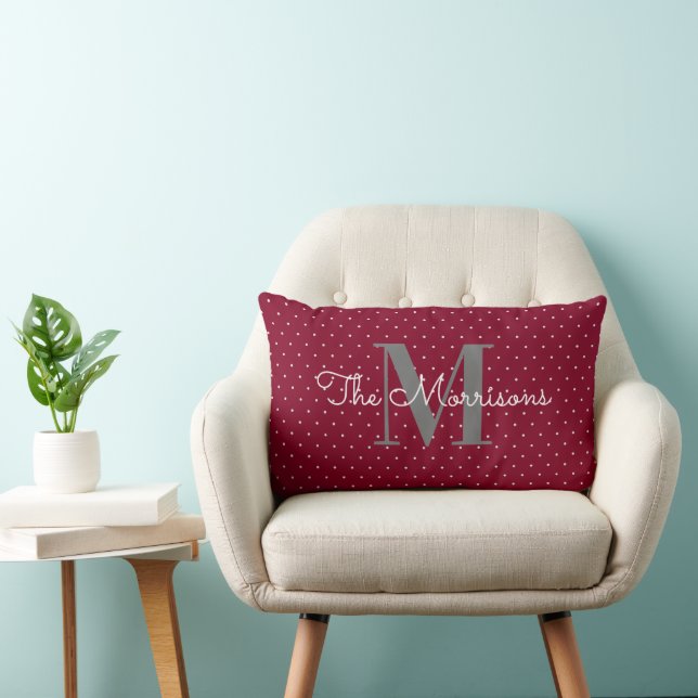 Modern Elegant Family Name Monogram Dots Burgundy Lumbar Cushion (Chair)