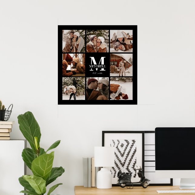 Modern Elegant Family Photo Collage Black Keepsake Poster (Home Office)