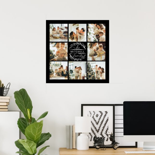 Modern Elegant Family Photo Collage Black Keepsake Poster (Home Office)