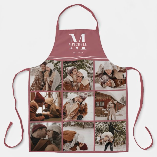 Modern Elegant Family Photo Collage | Monogrammed Apron (Front)