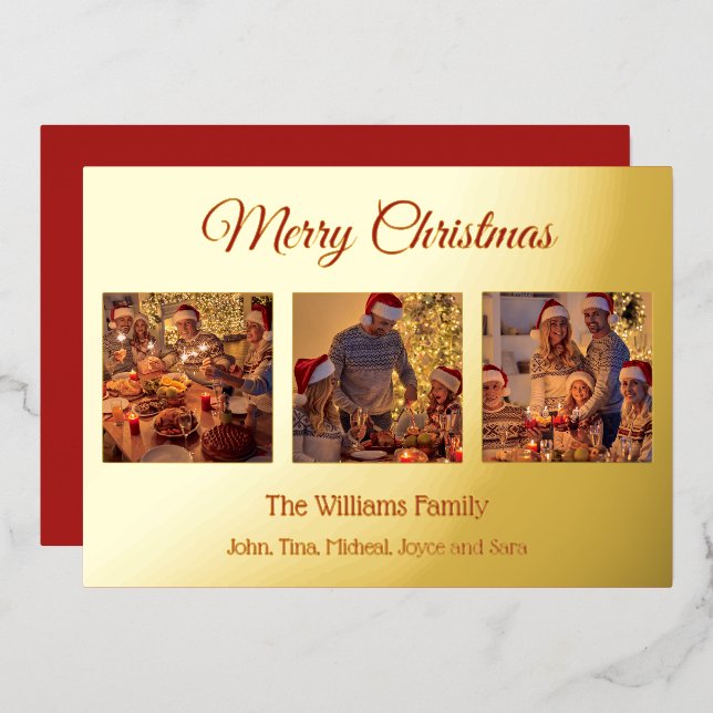 Modern Elegant Family Photo Merry Christmas Foil Holiday Card (Front/Back)