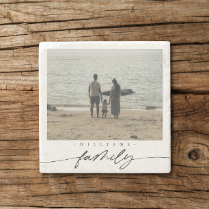 Modern Elegant Family Photo Script Typography Stone Coaster