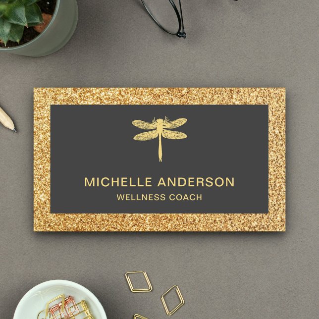 Modern Elegant Faux Gold Glitter Dragonfly Business Card (Creator Uploaded)