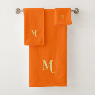 Modern Elegant Faux Gold Monogram Initial Orange Bath Towel Set