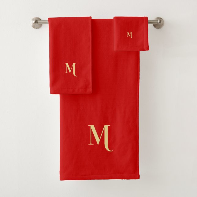 Modern Elegant Faux Gold Monogrammed Initial Red Bath Towel Set (Insitu)