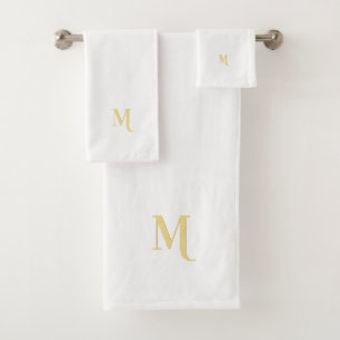 Modern Elegant Faux Gold Monogrammed Initial White Bath Towel Set