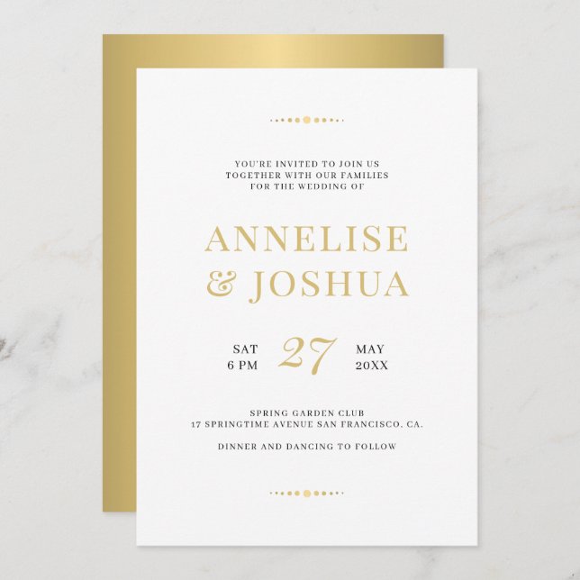 Modern elegant faux gold typography wedding invitation (Front/Back)