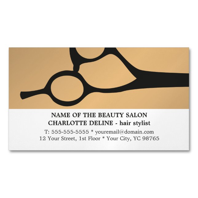 Modern Elegant Faux Gold White Scissor Hairstylist Magnetic Business Card (Front)