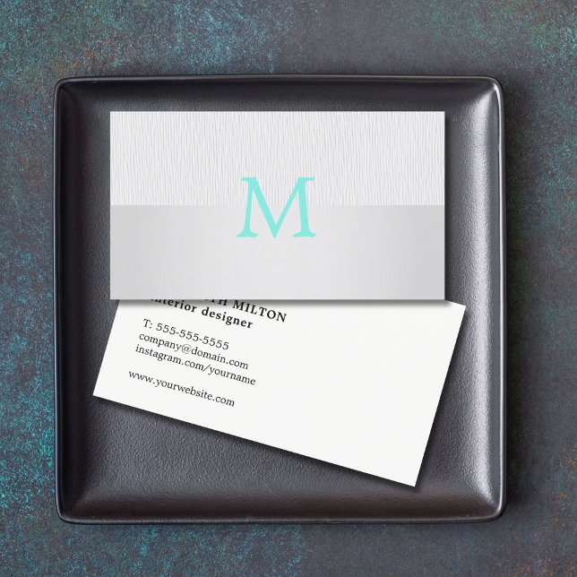 Modern Elegant Faux Silver Turquoise Monogram Business Card (Creator Uploaded)