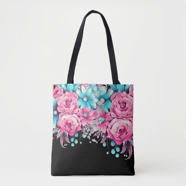 Modern Elegant Festive Pink & Teal Floral Tote (Front)
