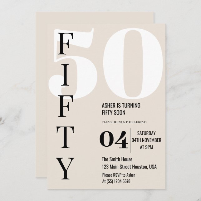 Modern Elegant  FIFTY 50th Birthday Party Invitation (Front/Back)