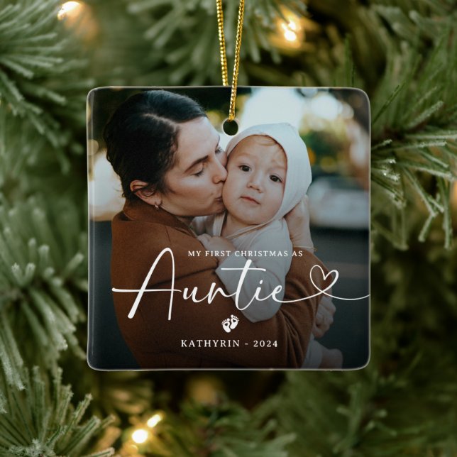 Modern Elegant First Christmas As Auntie Photo Cer Ceramic Ornament (Tree)