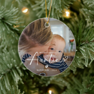 Modern Elegant First Christmas As Auntie Photo Ceramic Ornament
