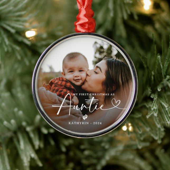 Modern Elegant First Christmas As Auntie Photo Metal Ornament (Tree)