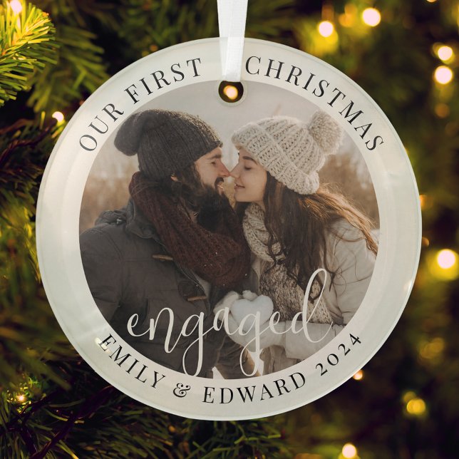 Modern Elegant First Christmas Engaged Photo Ceramic Ornament (Creator Uploaded)