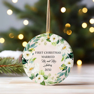 Modern Elegant First Christmas Married Ceramic Ornament