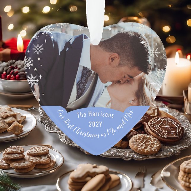 Modern Elegant First Christmas Mr Mrs Heart Photo Ornament (Our First Christmas as Mr. & Mrs. Elegant Modern Calligraphy Personalized Photo Heart Snowflakes)
