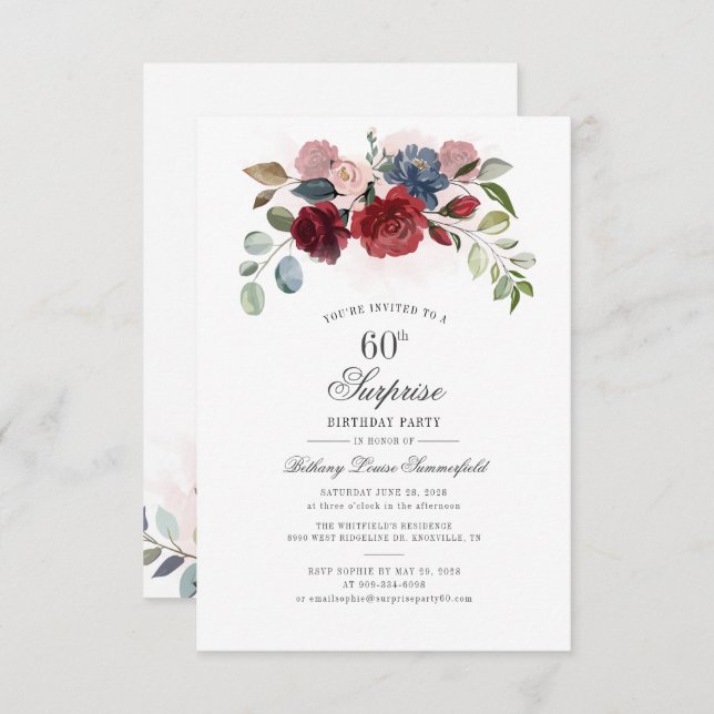 Modern Elegant Floral 60th Birthday Party Invitation (Front/Back)