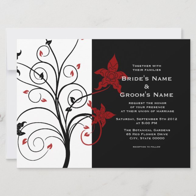 Modern Elegant Floral Black and Red Wedding Invite (Front)