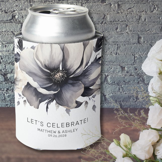 Modern Elegant Floral Black White Wedding Can Cooler (Modern Elegant Boho Floral Black White Wedding Can Cooler)
