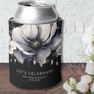 Modern Elegant Floral Black White Wedding Favour Can Cooler