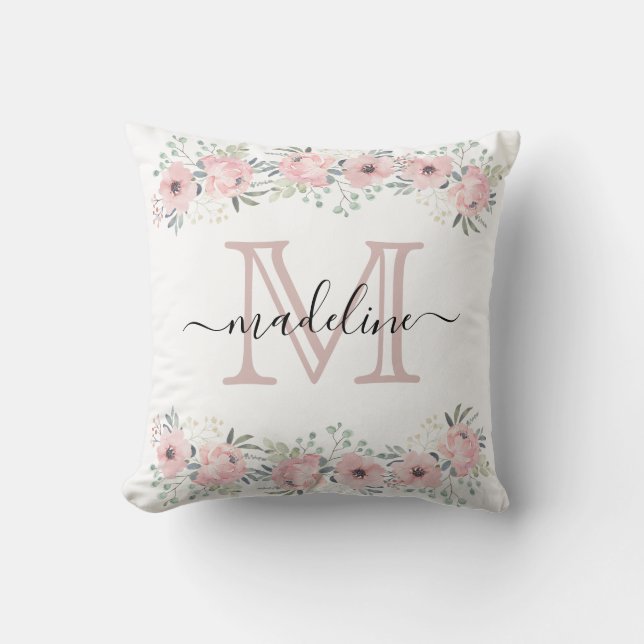 Modern Elegant Floral Blush Pink Monogram Cushion (Front)