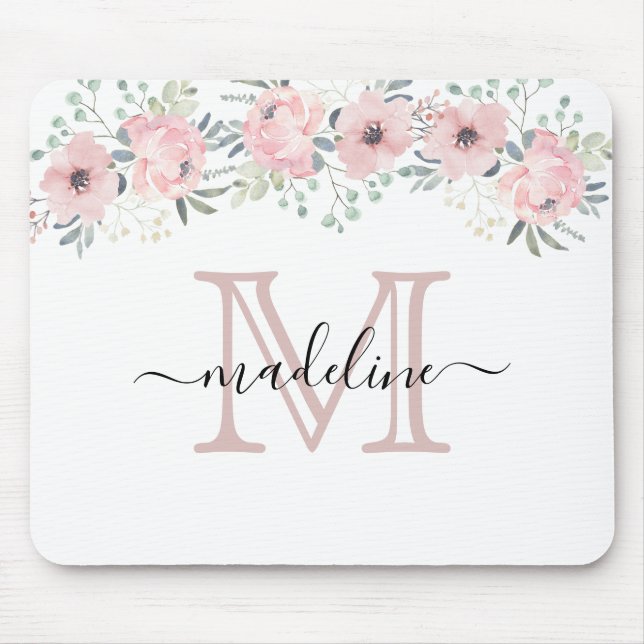 Modern Elegant Floral Blush Pink Monogram Mouse Pad (Front)