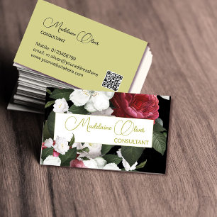 Modern Elegant Floral Burgundy QR Code Gold Business Card