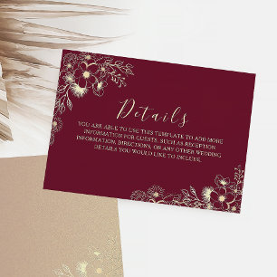 Modern Elegant Floral Burgundy Wedding Details Enclosure Card
