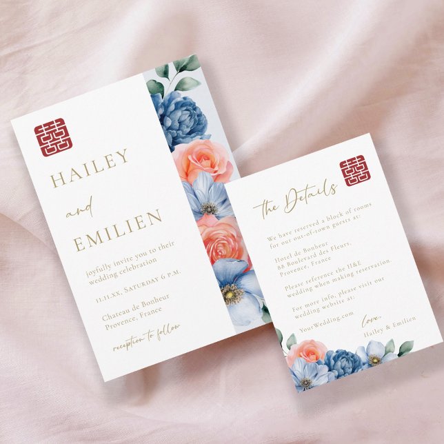 Modern Elegant Floral Chinese Wedding Details Invitation (Creator Uploaded)
