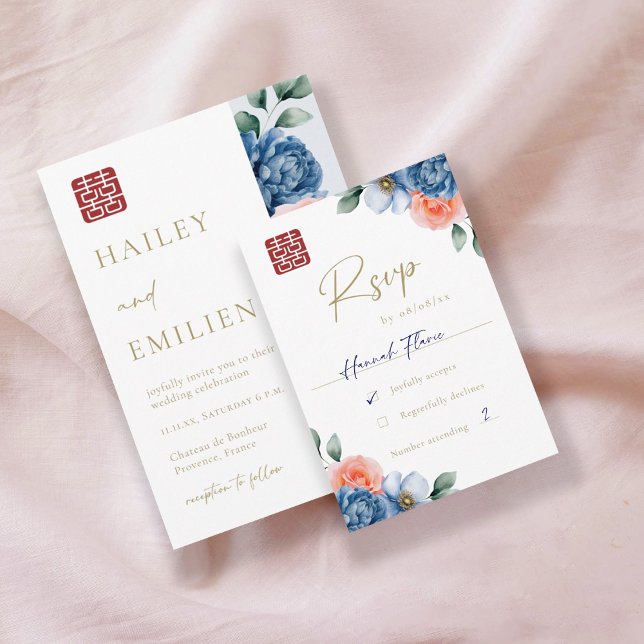 Modern Elegant Floral Chinese Wedding RSVP Invitation (Creator Uploaded)