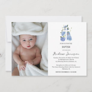 Modern Elegant Floral Christian Cross   Baptism Invitation