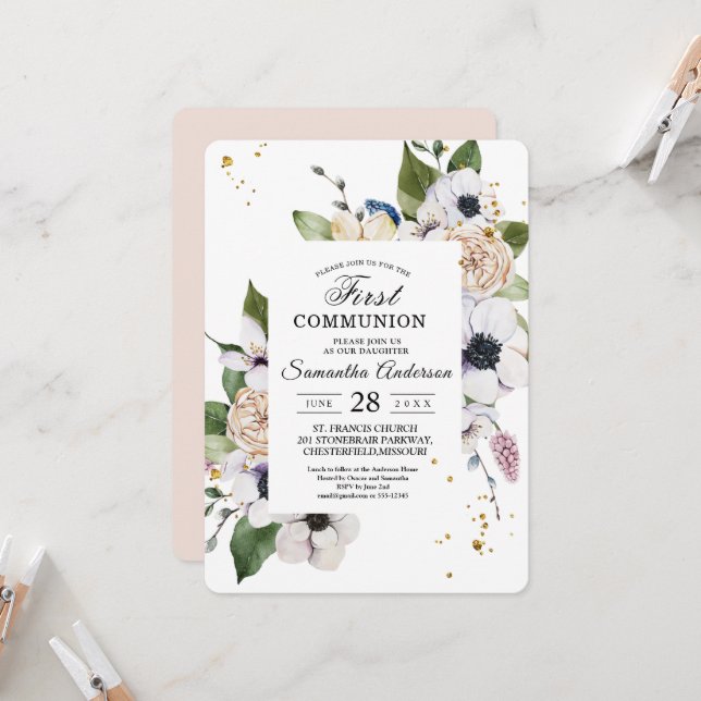 Modern Elegant Floral Frame & Gold Drops Invitation (Front/Back In Situ)